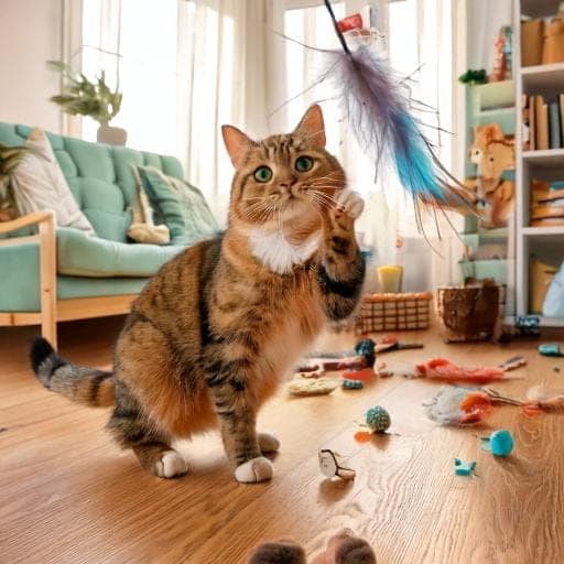 Gato jugando con ‌una varita con plumas en un salón luminoso lleno de juguetes.