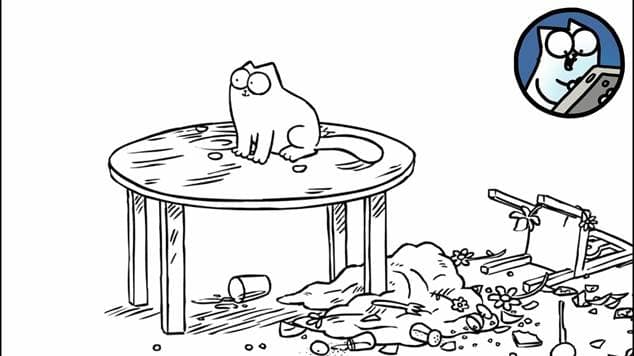El gato de Simón sentado en una mesa en medio del desorden que causó, ilustrando su personalidad juguetona y traviesa.